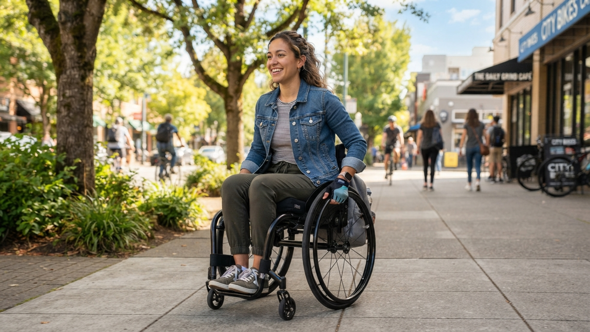 image of woman rolling down sidewalk with gloves.